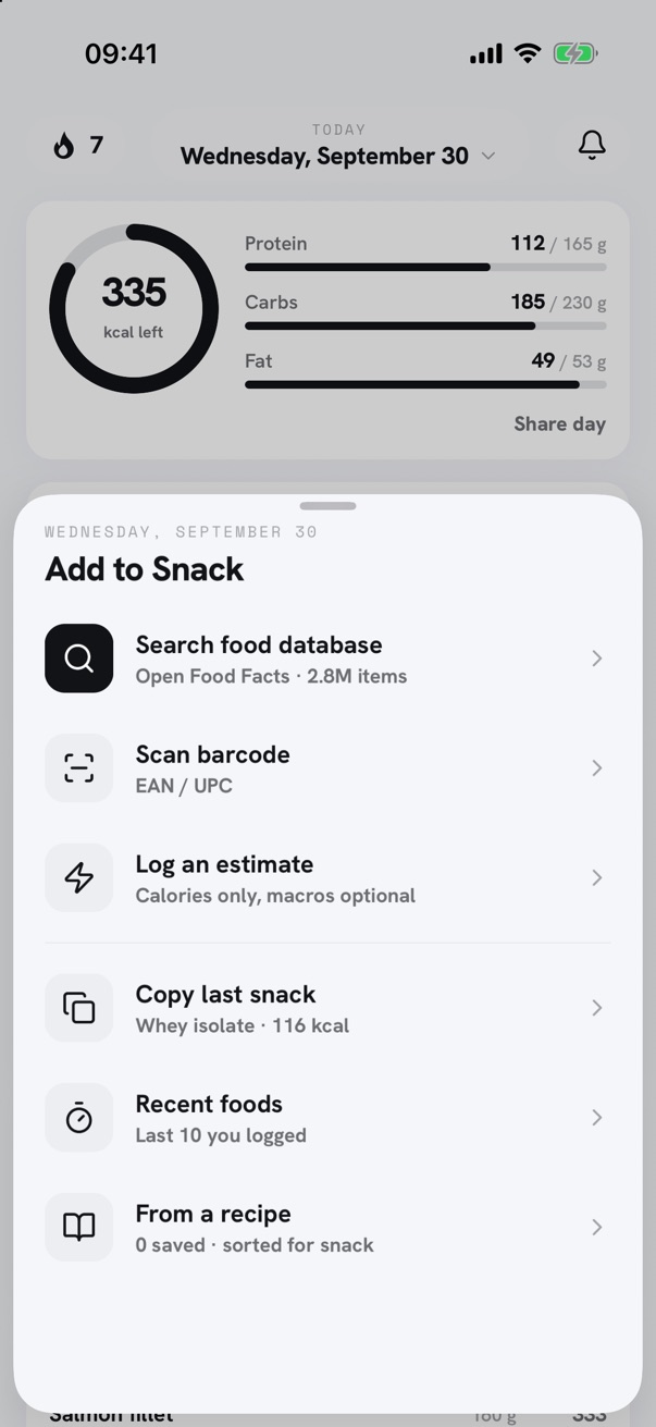 The Add food sheet in Stacks, with Open Food Facts search and barcode scanning.
