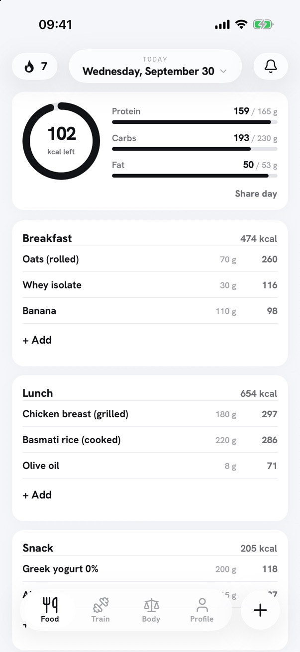 The Food screen in Stacks: calories left, protein, carbs and fat against the day's targets, and the meals logged so far.